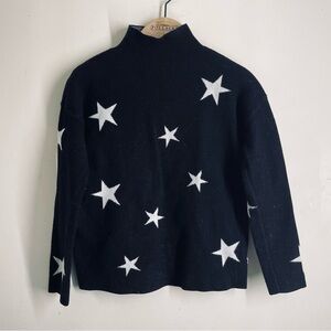 Tahari Star Print Mock Neck Sweater Black White Boxy Stretchy Knit size XS